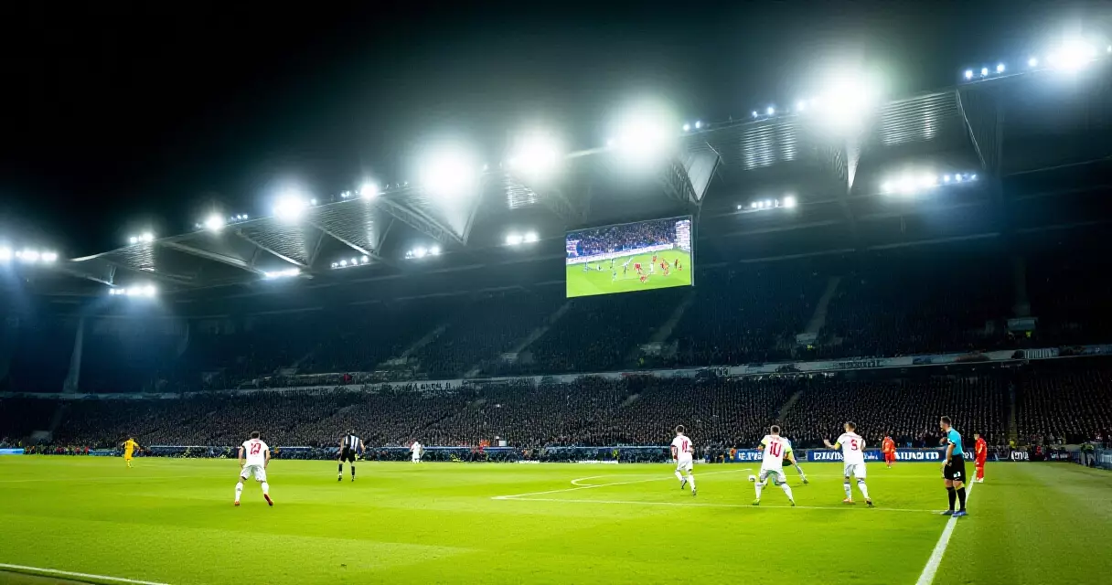 Floodlit stadium during a Champions League knockout match at night