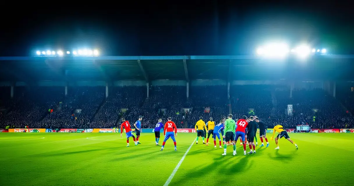 Packed football stadium at night with floodlights and crowds ahead of an international friendly