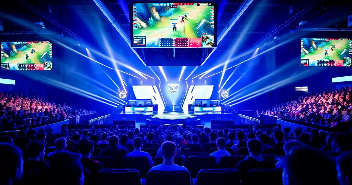 Packed esports arena with dramatic stage lighting during a championship match