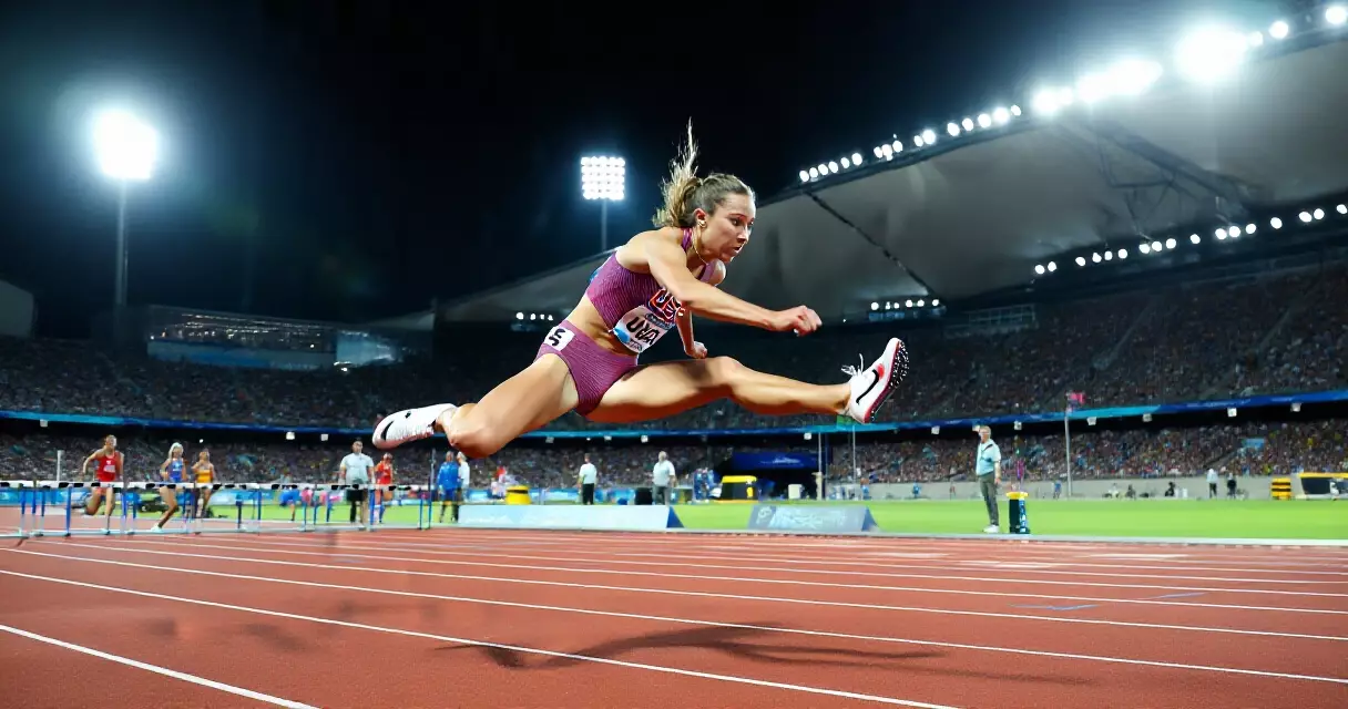 Female hurdler clearing a hurdle at a night athletics Diamond League meet