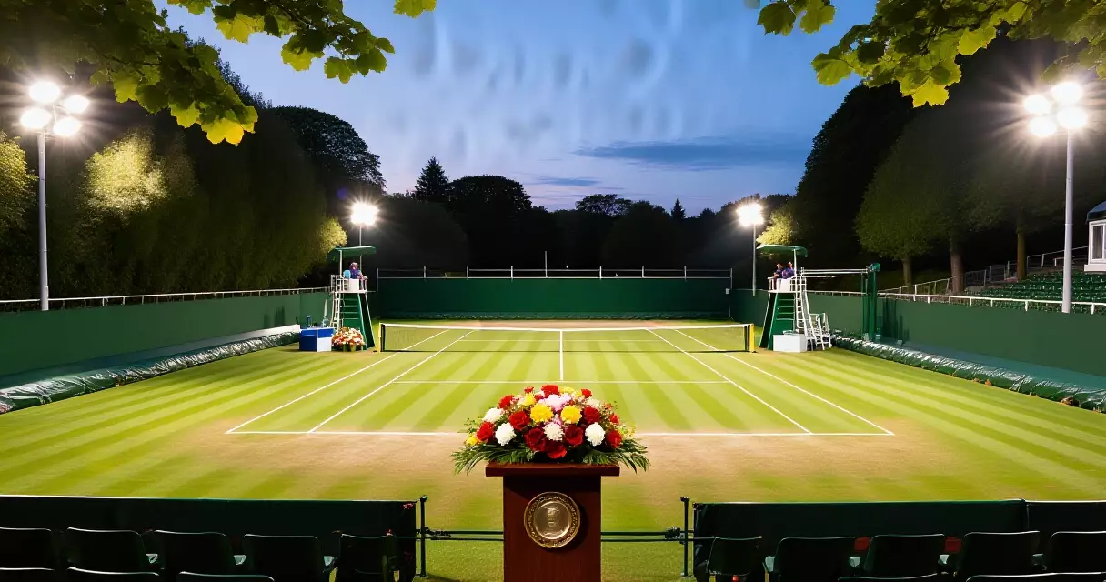 Empty grass tennis court ceremony setup at dusk with podium and flowers
