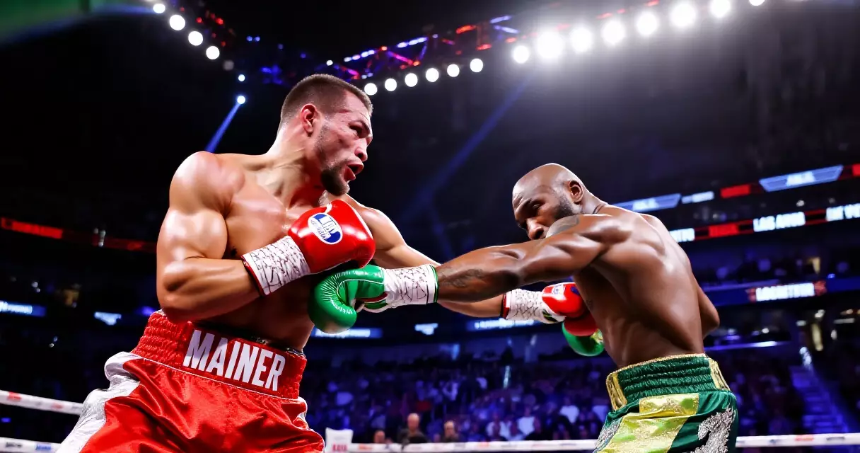 Two professional boxers trading punches in a Las Vegas arena during a world title fight