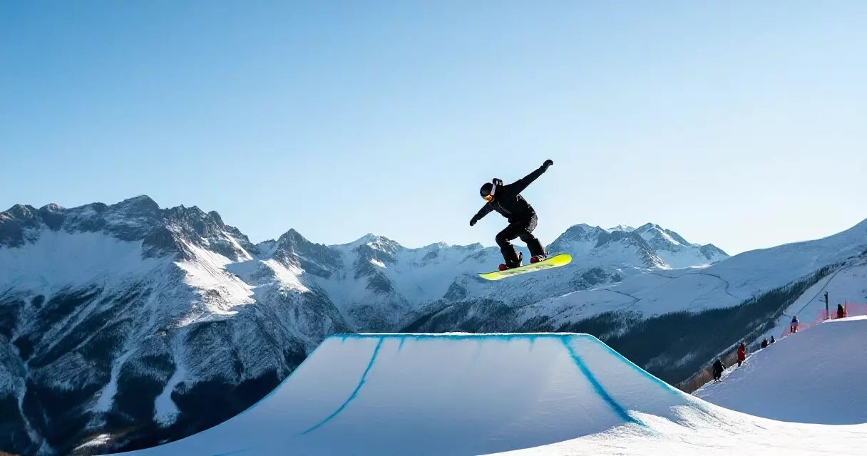 Snowboarder performing aerial trick in halfpipe competition, X sports action