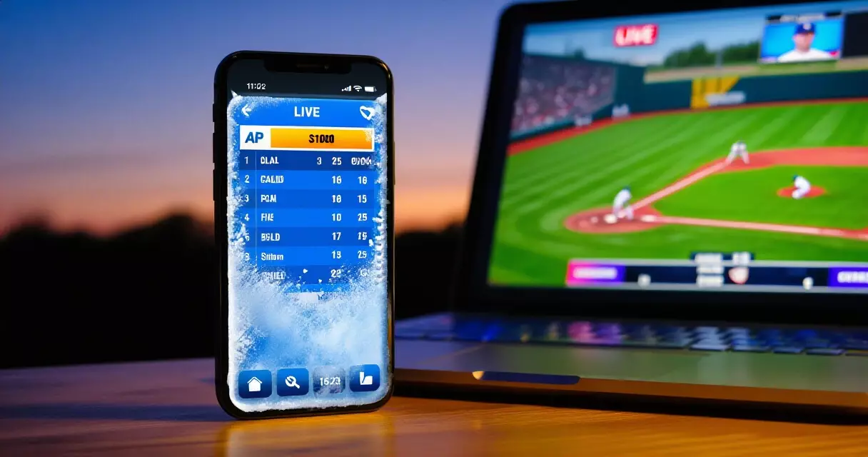 Phone showing a stalled baseball score beside a laptop with a live feed