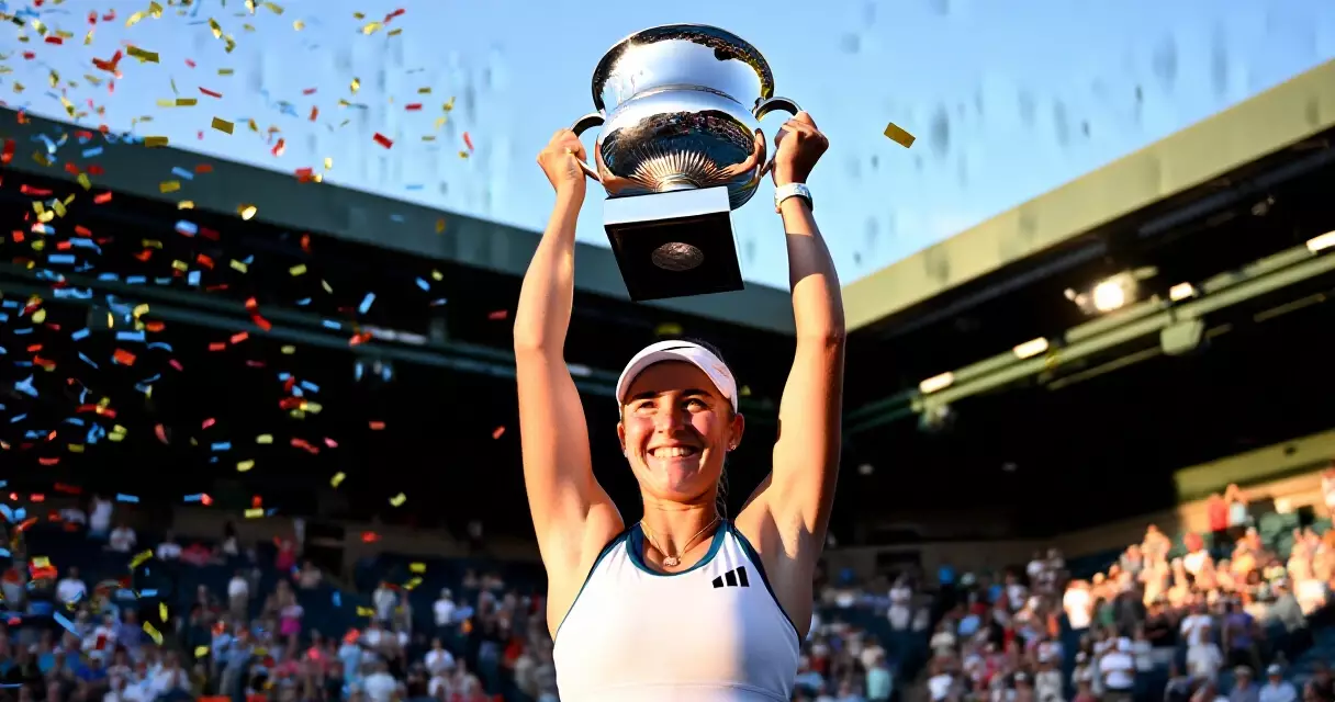 Tennis champion lifting trophy at major tournament final