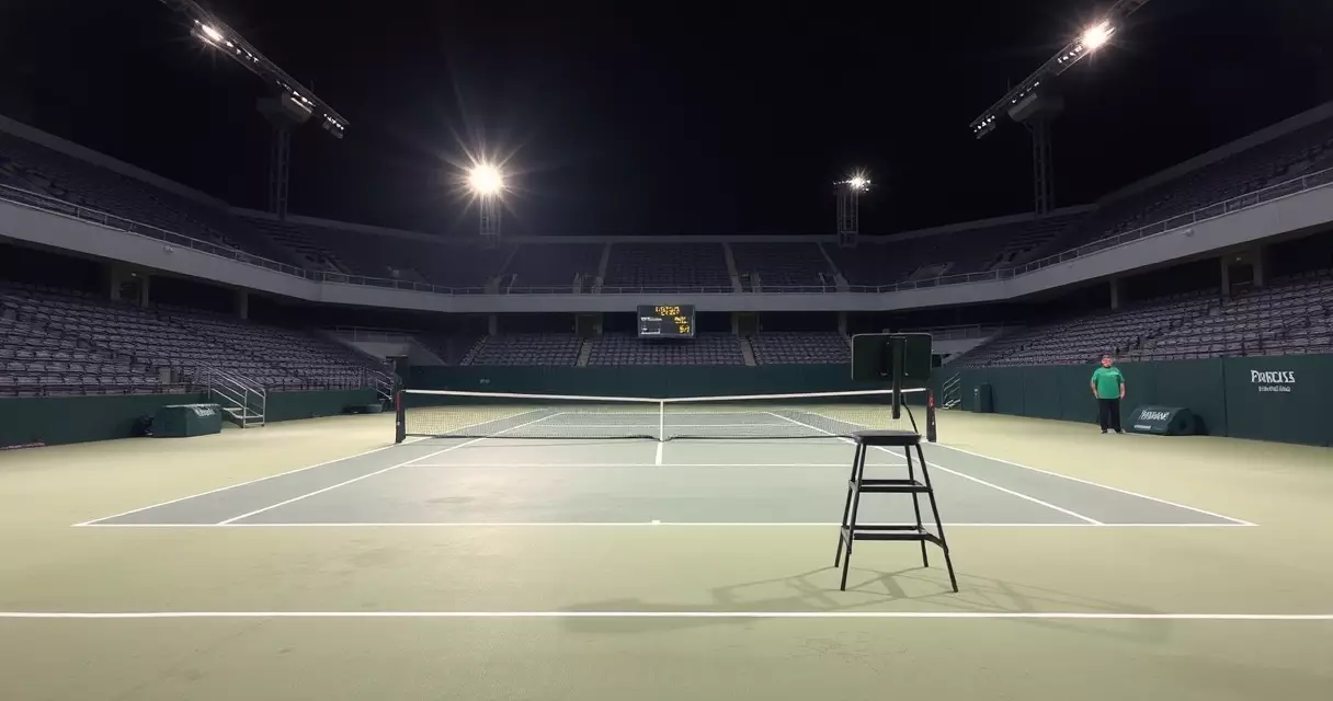 Empty tennis court with chair umpire stand and a partial scoreboard