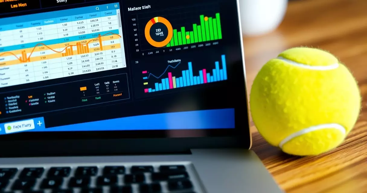 Laptop showing tennis match statistics and a spreadsheet next to a tennis ball