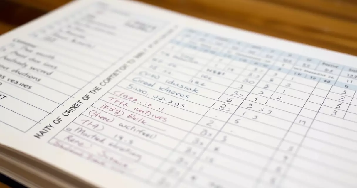 Traditional cricket scorebook with handwritten symbols