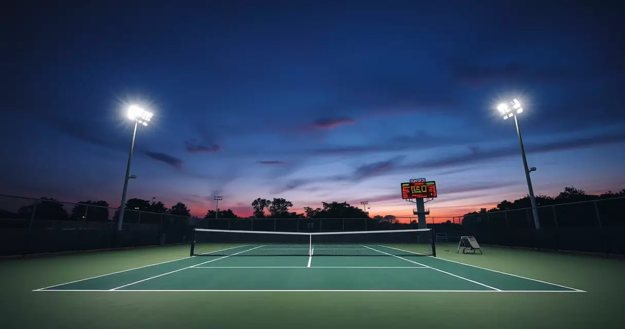 Illuminated tennis stadium at dusk with an electronic scoreboard