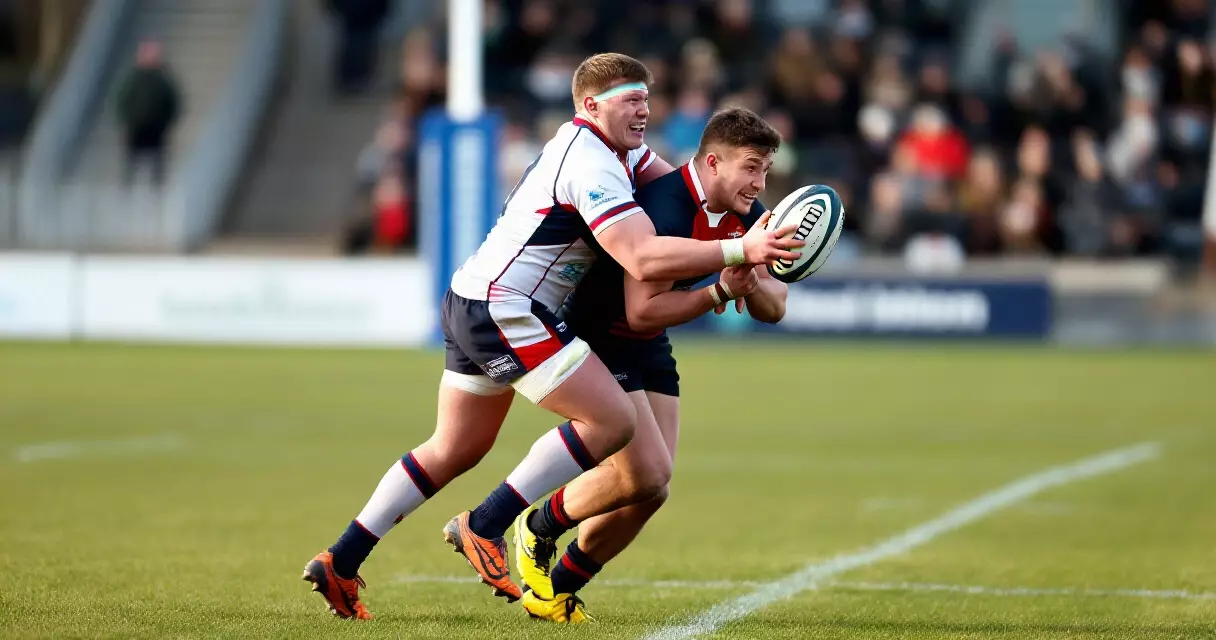 Rugby players contesting possession during a match, natural daylight