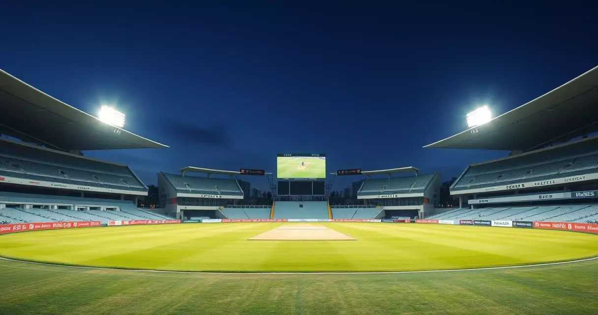 Cricket stadium with green pitch and electronic scoreboard during daytime