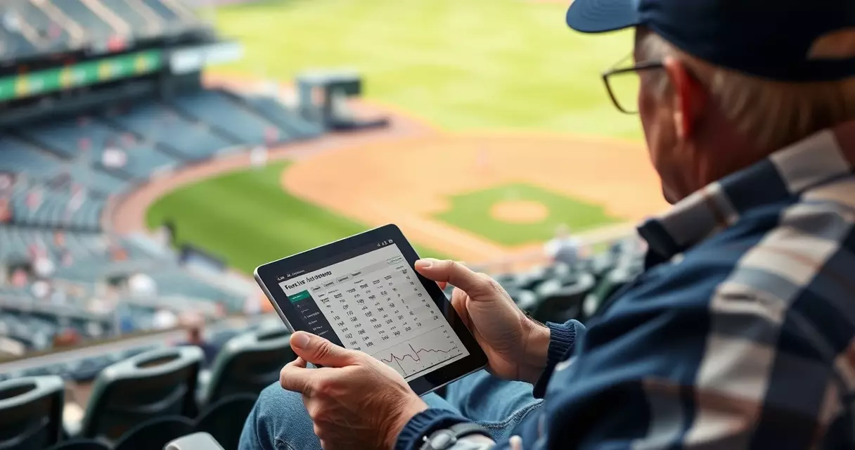 Fan reviewing baseball stats on a tablet in stadium seats above the field