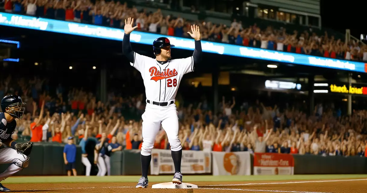 Baseball player celebrating after hitting for the cycle, rounding bases at night game