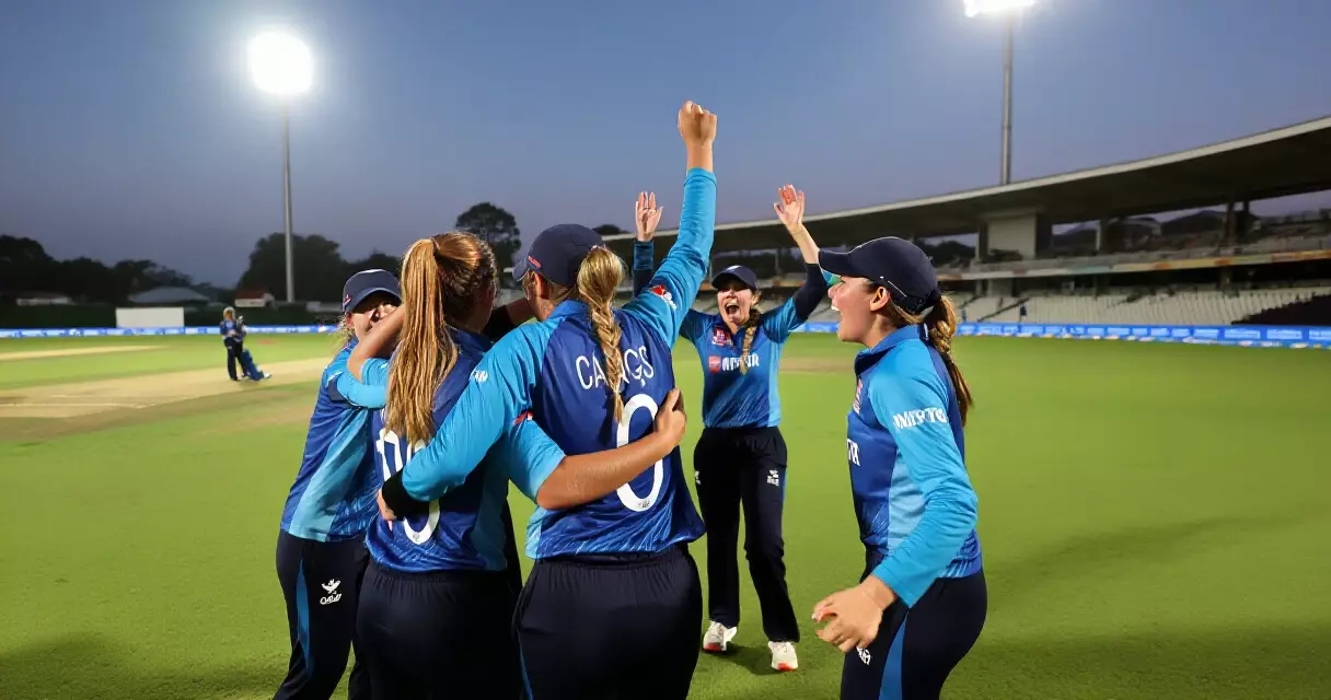 Women's cricket team in blue celebrating a tournament victory on field