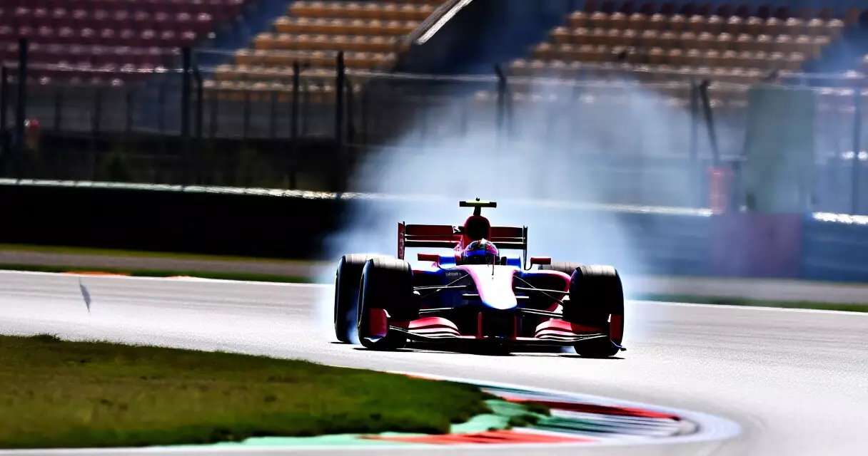 Formula 1 car accelerating through a circuit corner during a race, grandstands in background