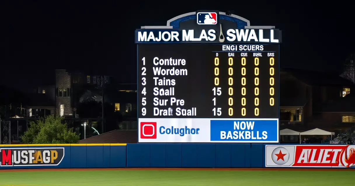 Stadium scoreboard showing an MLB line score at night