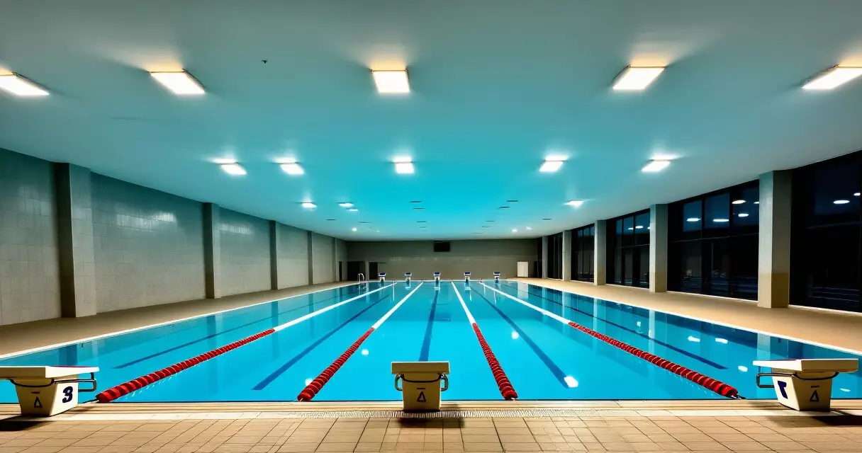 Empty indoor Olympic swimming pool with lane ropes and starting blocks