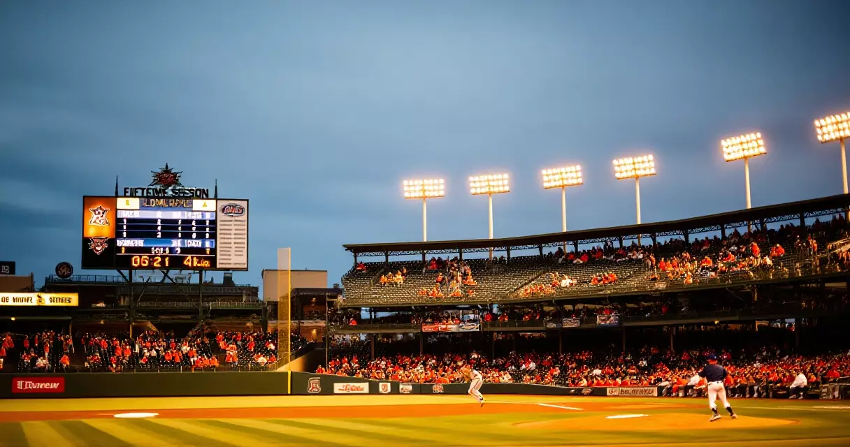 Packed baseball stadium during a late-season evening game with scoreboard and fans