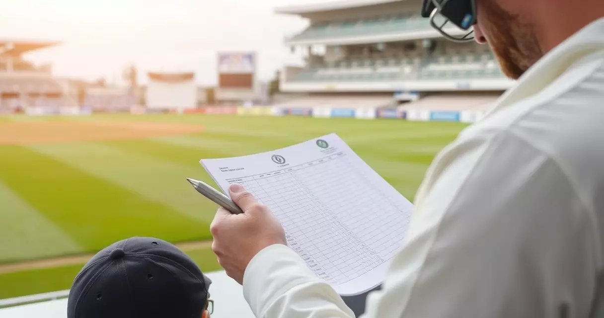 Cricket scorer recording match statistics on official scorecard