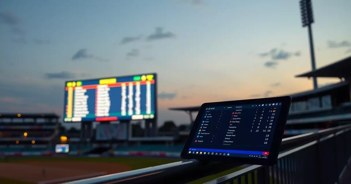 Electronic stadium scoreboard beside a tablet showing a live digital cricket scorecard at dusk