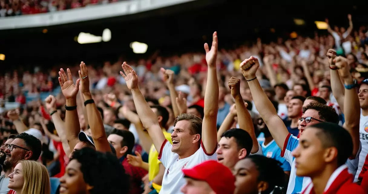 Stadium crowd cheering during a live sporting event at dusk