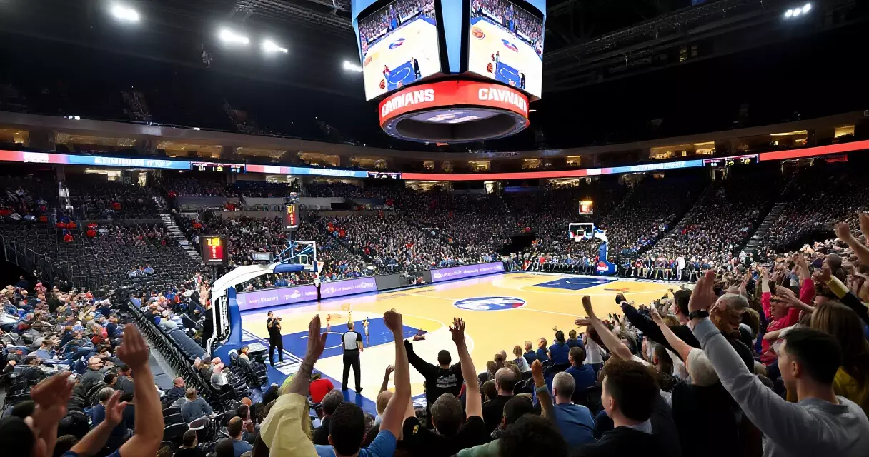 Packed professional sports arena with fans celebrating a win, glowing scoreboard overhead