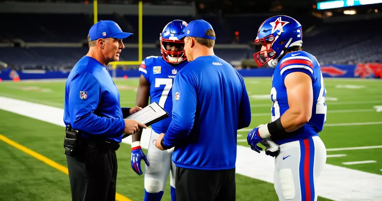 NFL coaches and players reviewing game plan on sideline during a Thursday Night Football game