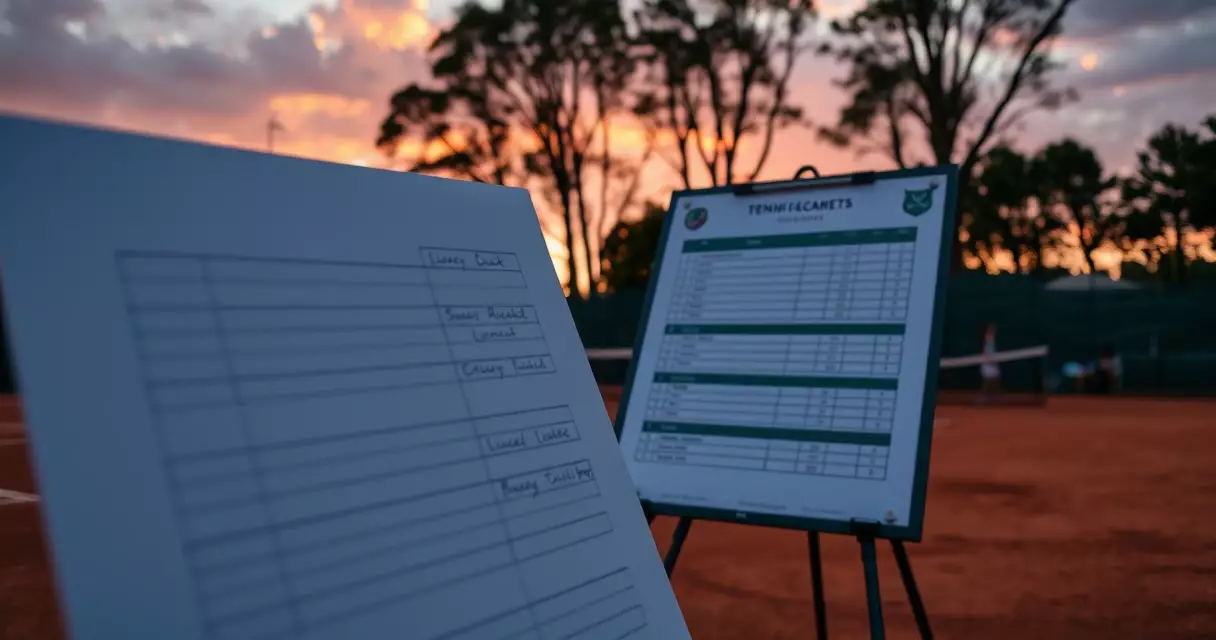 Tennis tournament draw sheet and scoreboard beside an empty court