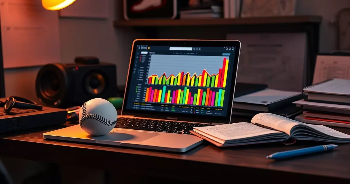 Desk with laptop showing baseball statistics charts, a baseball, and notebook