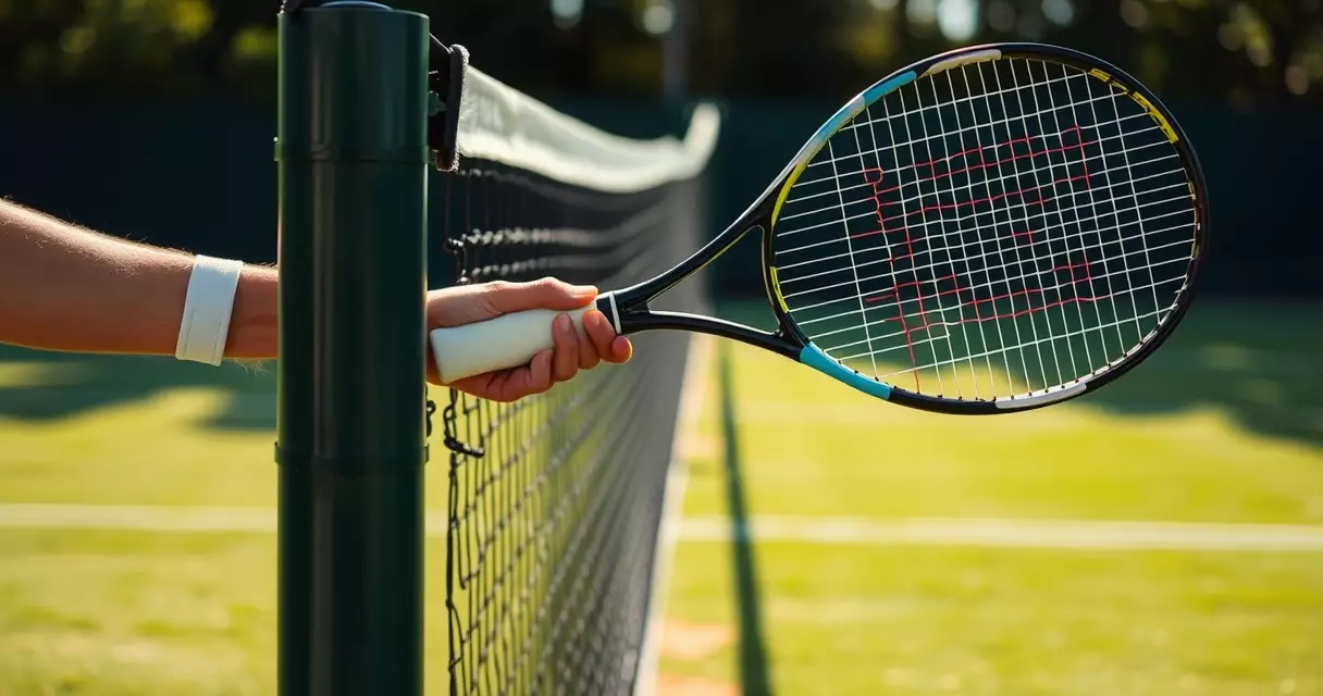 Hand holding a tennis racquet beside the net on a grass court