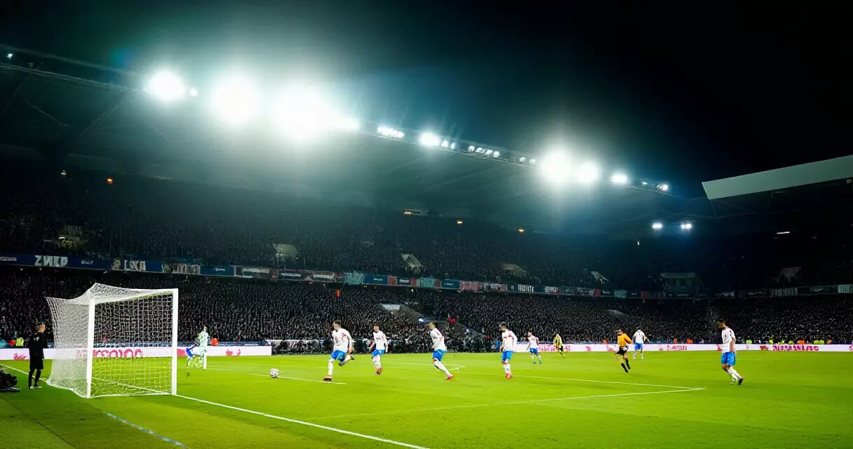 Floodlit stadium during a Champions League night match