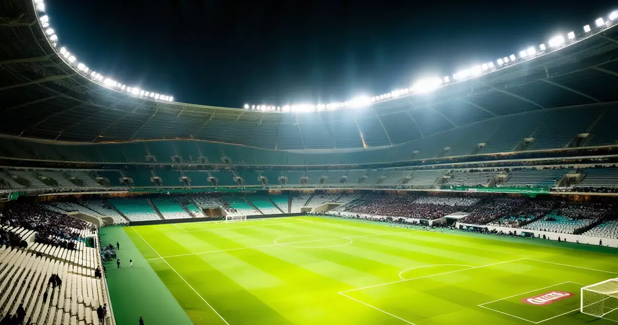 Saudi Pro League football stadium floodlit at night showing crowd and green pitch