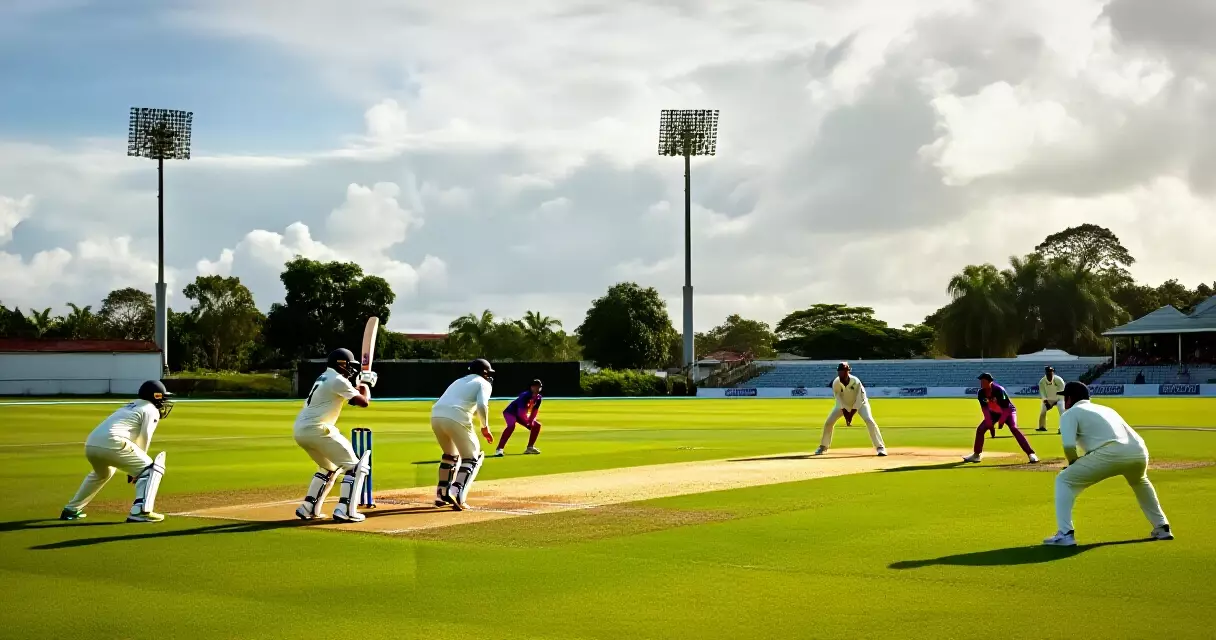 Cricket match in progress at an Asian cricket ground, batsman at the crease