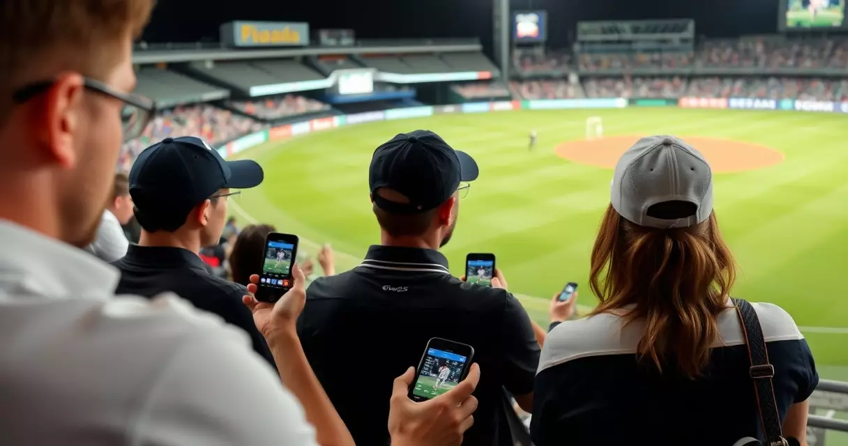 Spectators viewing cricket scores on smartphones at venue