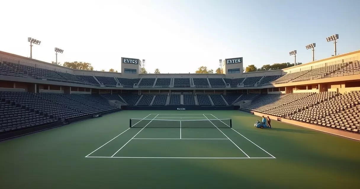 Empty professional tennis stadium court seen from above the baseline
