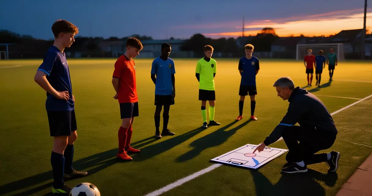 Youth soccer players on a grass field during a coaching session at golden hour