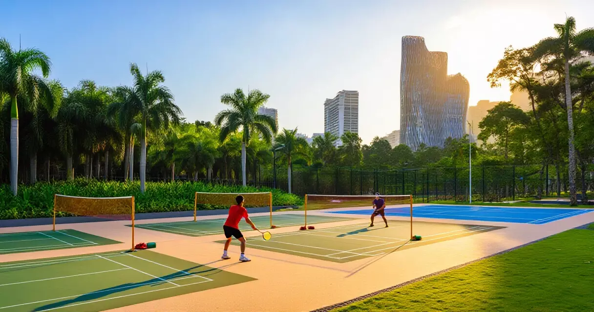 Two players competing in a badminton match in an outdoor Singapore park at golden hour