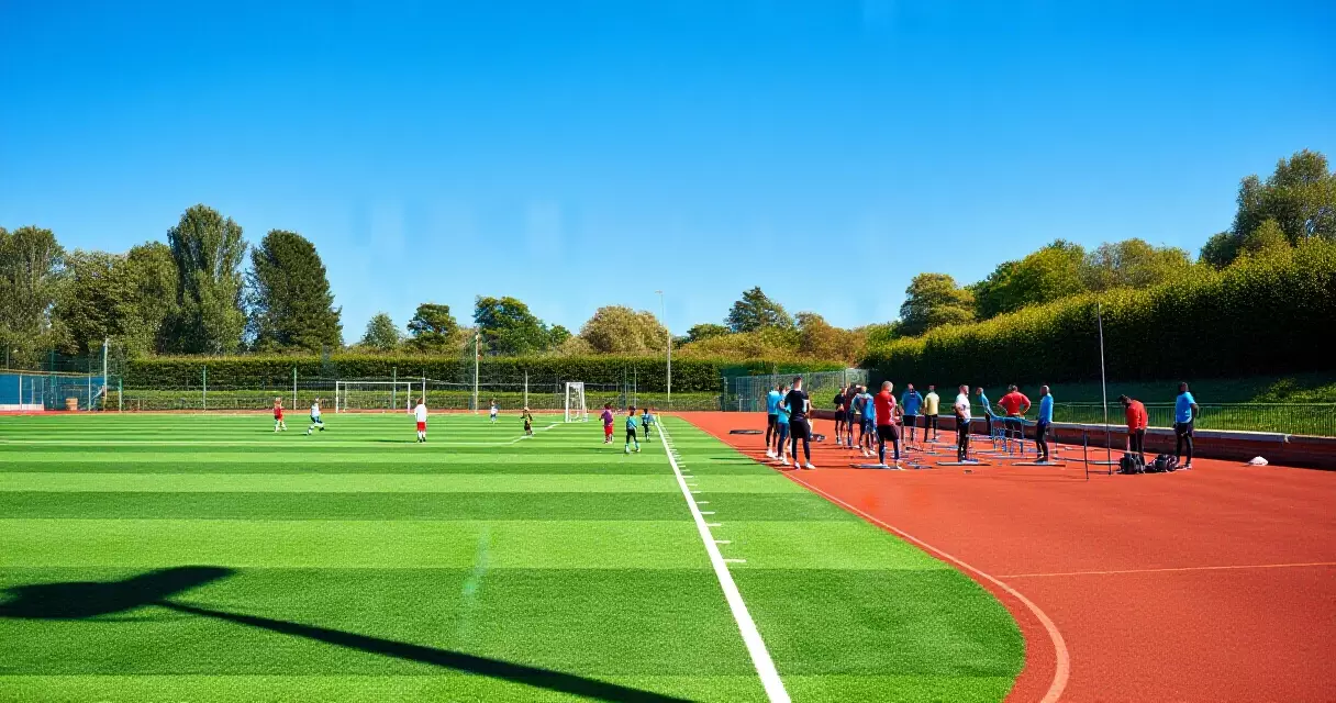 Outdoor sports complex with football pitch and athletics track, athletes warming up