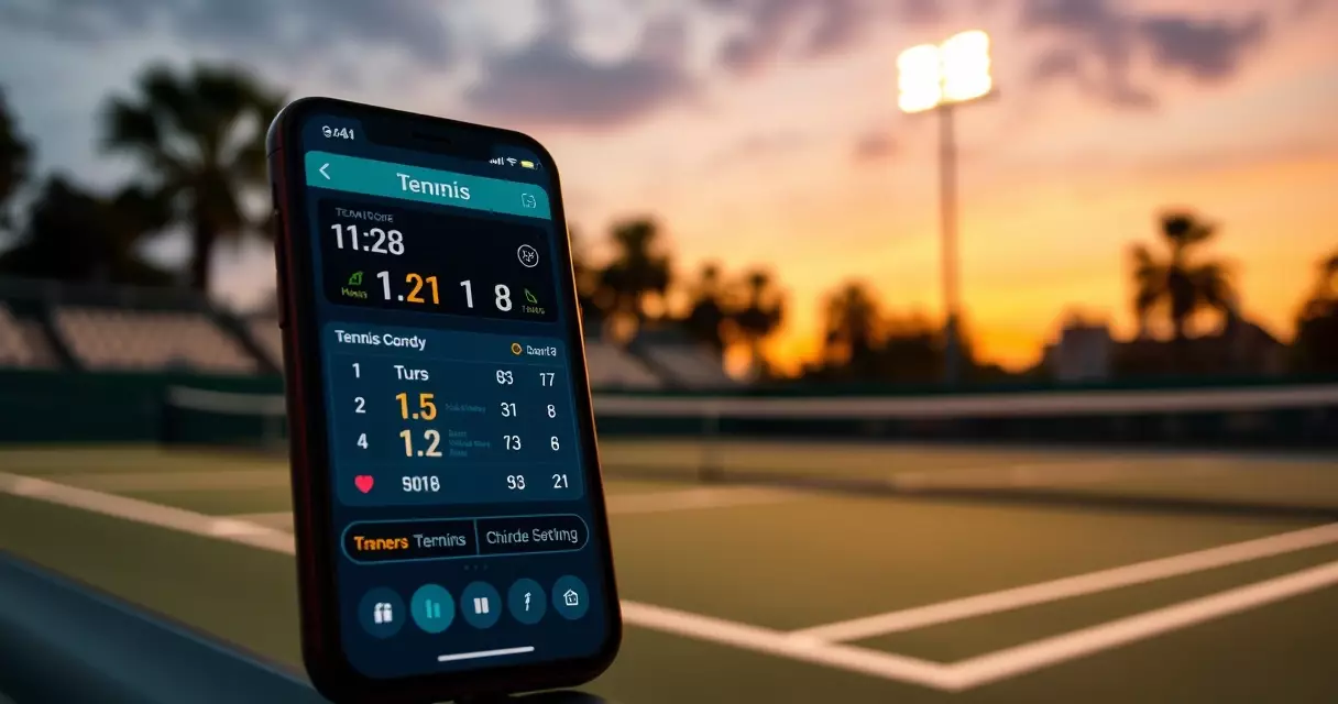 Smartphone showing a live tennis score next to a floodlit court