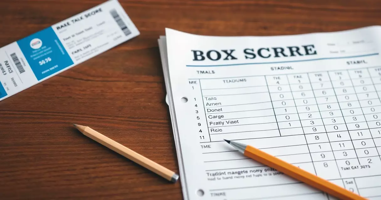 Printed MLB box score on newsprint next to a pencil and ticket stub