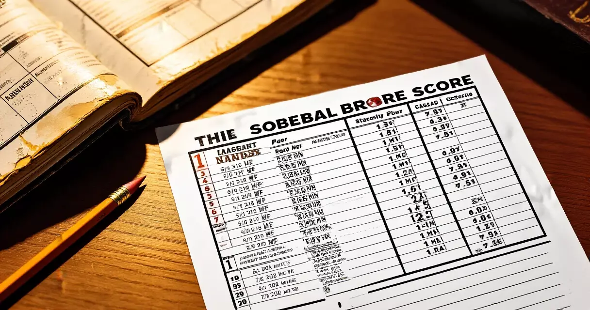 Printed MLB box score on a table next to a scorebook and pencil