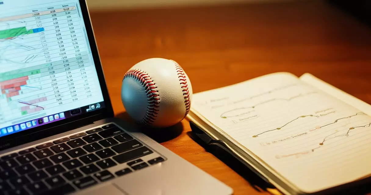 Analyst desk with baseball statistics charts, a laptop, and a baseball
