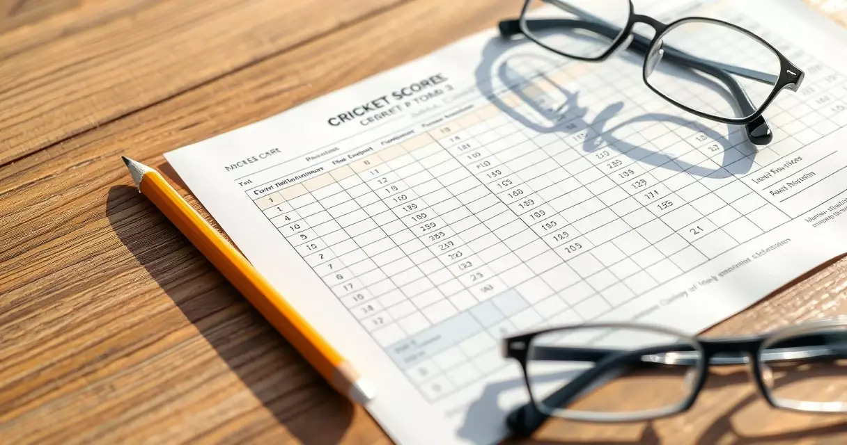 Printed cricket scorecard with batting and bowling figures on a wooden table
