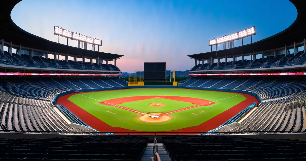 Empty MLB stadium showing the infield diamond and bases under evening lights