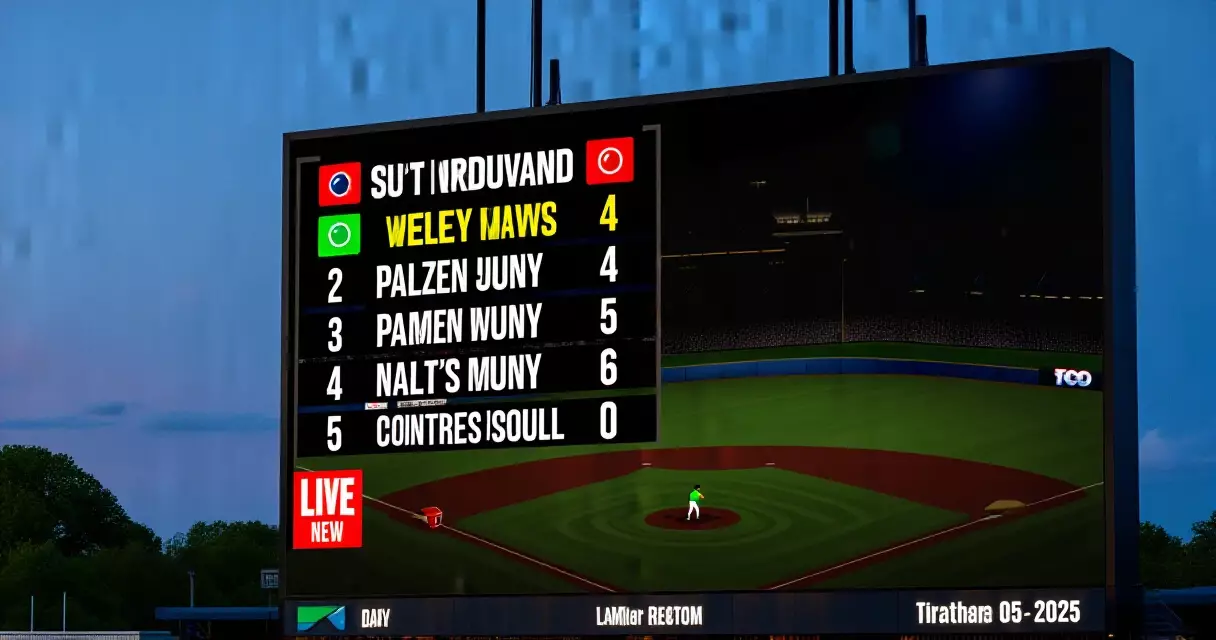 Stadium scoreboard showing a baseball line score and analytics graphics at dusk