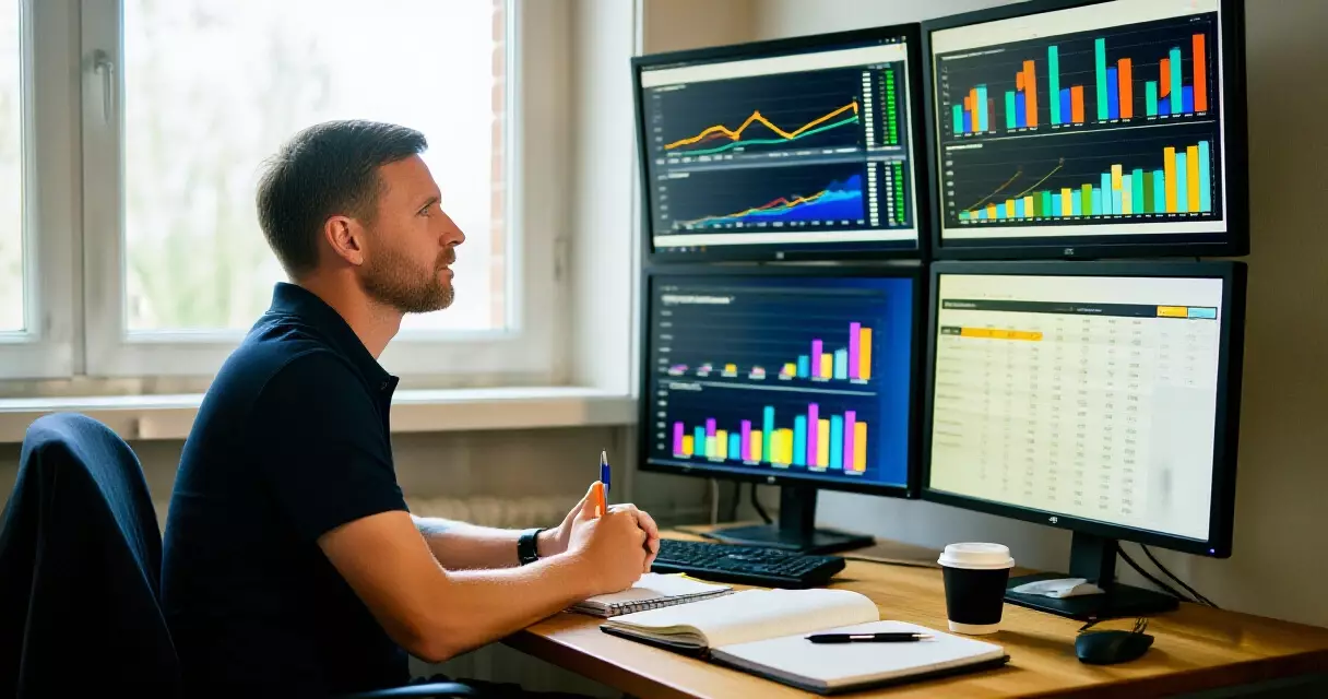 Sports analyst reviewing statistics dashboards on multiple computer monitors