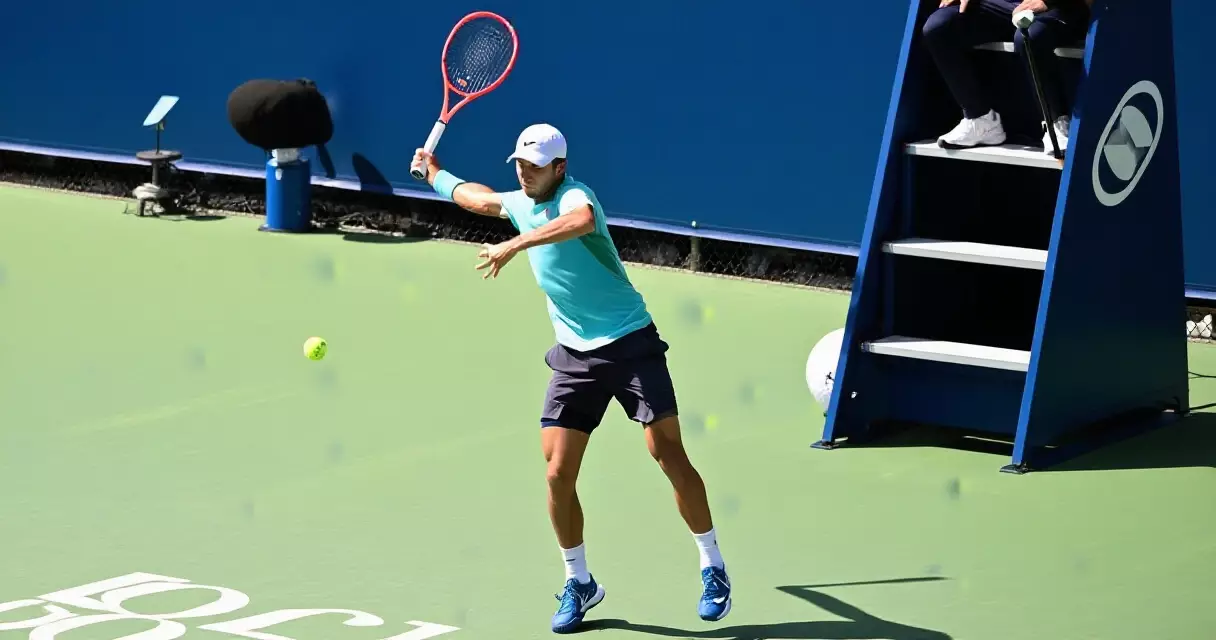 Professional tennis player mid-serve during an ATP hard court match