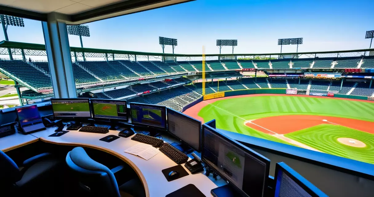 View from a baseball press box overlooking a sunlit stadium and infield