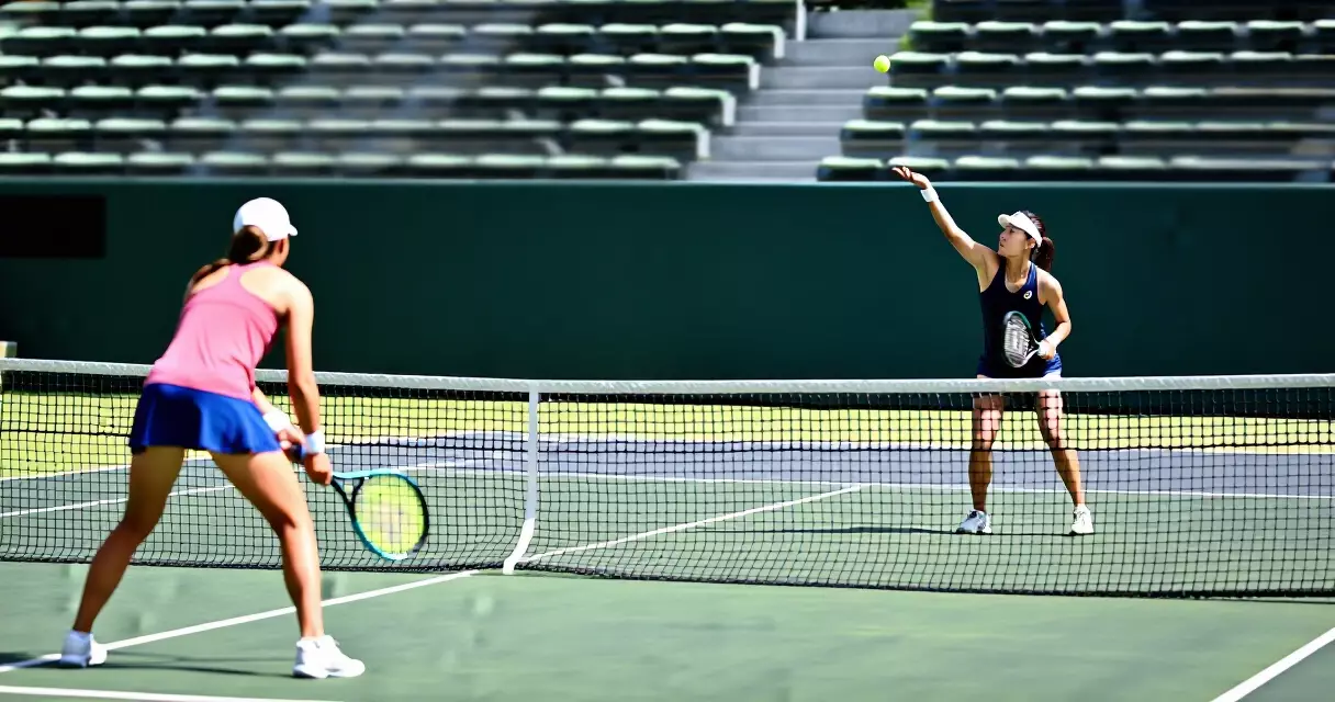 Two female tennis players partnering in doubles practice on a hard court at a major US open venue