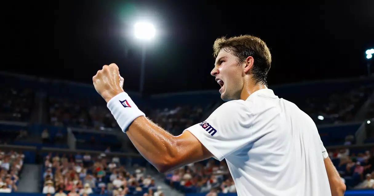 Tennis player celebrates on hard court under stadium lights at night